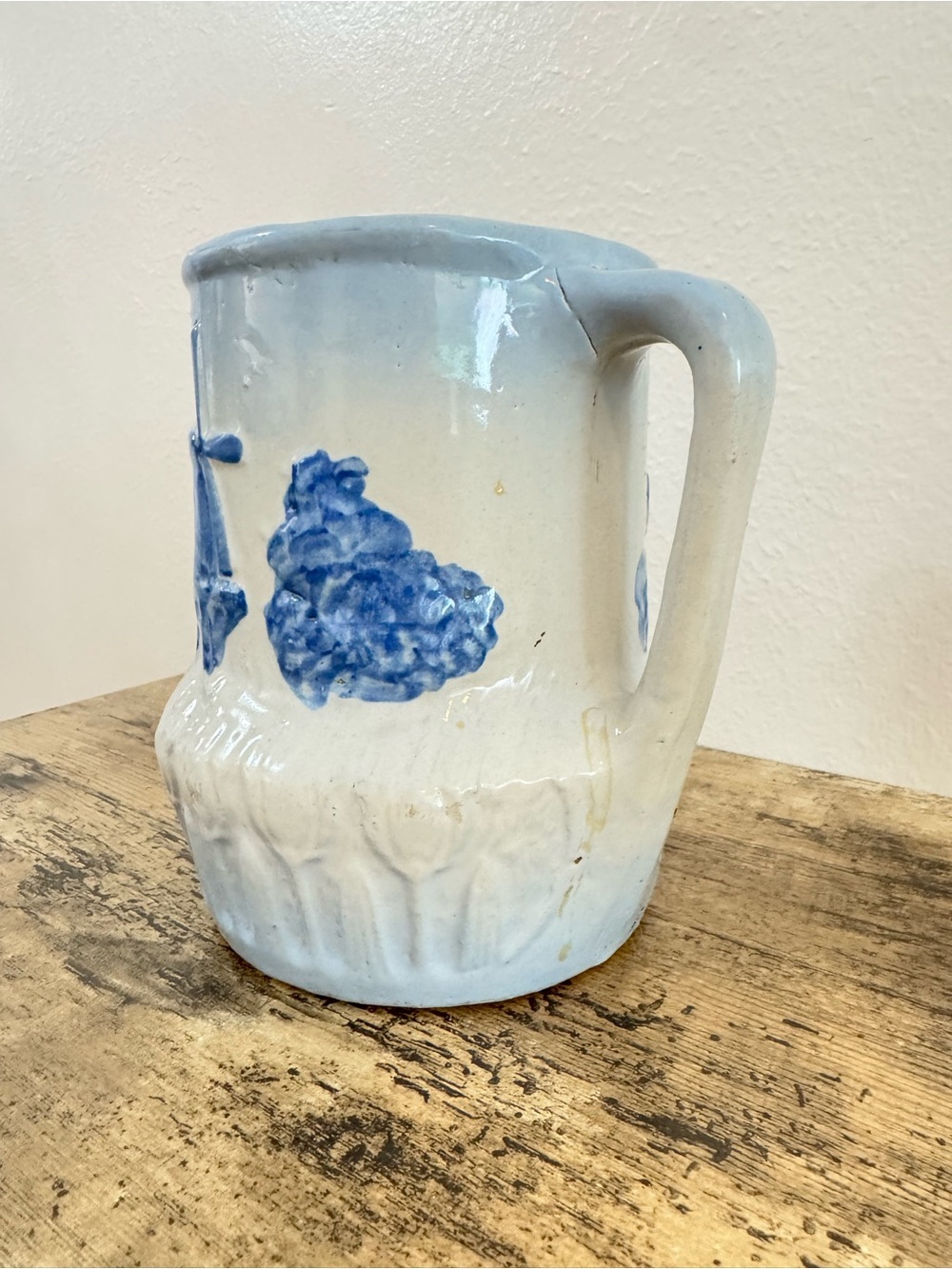 Blue & White Stoneware Pitcher Windmill Dutch Farmhouse Decor - Picture 2 of 12